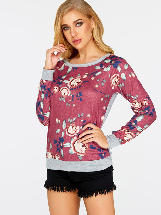 Round Neck Floral Print Long Sleeve T-Shirts